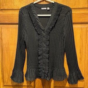 Apt. 9 Black and White Polka Dot Ruffle Long Sleeve Blouse Top - Petite Large